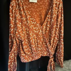 Lucky Brand Orange Floral Wrap Blouse